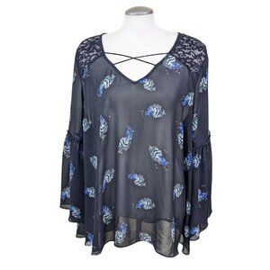 Womens Plus Size 22 Sheer Blouse Top Black Blue Bell Sleeve Lace Cross Front